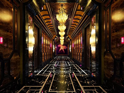 Luxury Hotel Corridor Interior Design Featuring Crystal Chandeliers And Marble Flooring With Elegant Decorative Walls 3d model