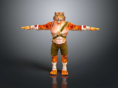 Man In Tiger Patterned Costume With Outstretched Arms Tiger Head Mask And Green Pants 3d model