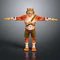 Man In Tiger Patterned Costume With Outstretched Arms Tiger Head Mask And Green Pants