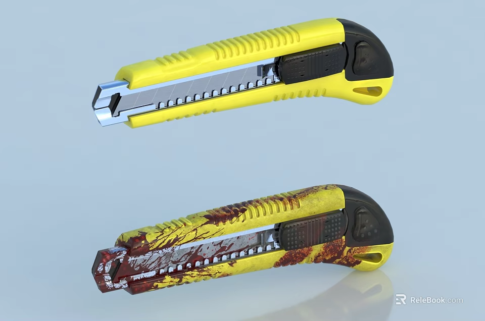 Yellow Utility Knives With Black Accents And Colorful Pattern Design 3d model 