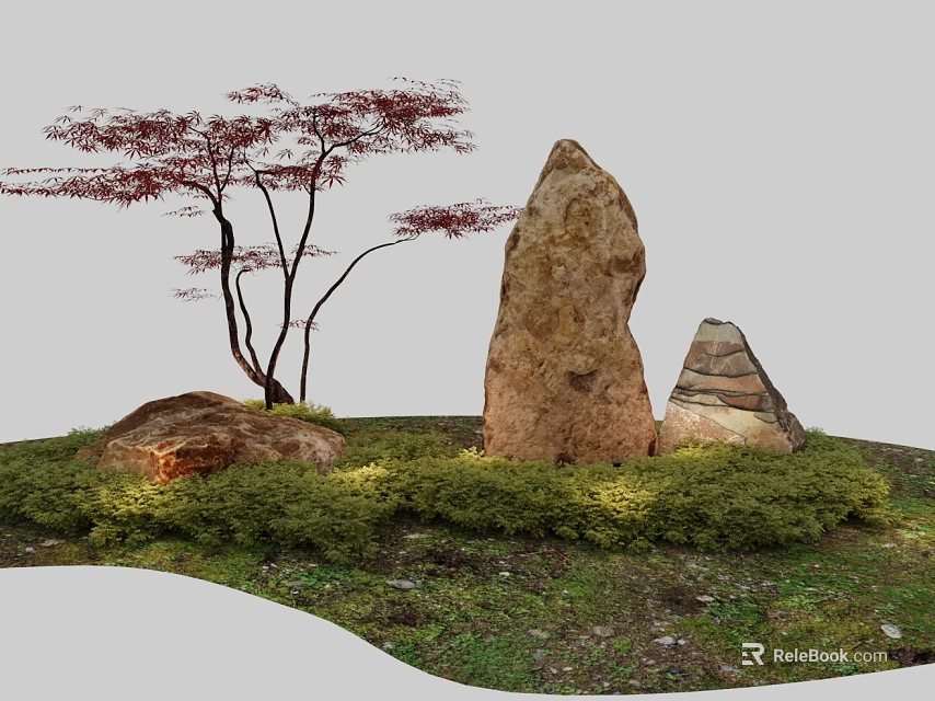Natural Garden Plant Combination With Red Foliage Tree Stones And Green Grass Low Shrubs 3d model 