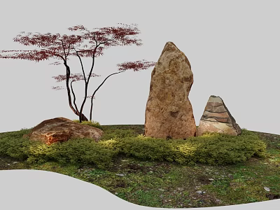 Natural Garden Plant Combination With Red Foliage Tree Stones And Green Grass Low Shrubs 3d model