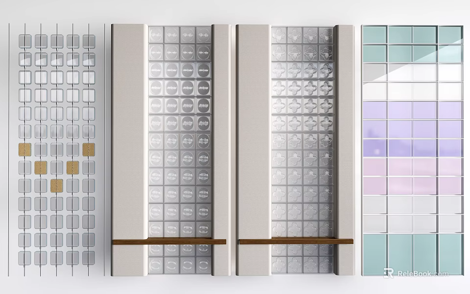 Modern Room Dividers With Glass Panels Geometric Patterns And Wooden Shelves 3d model 