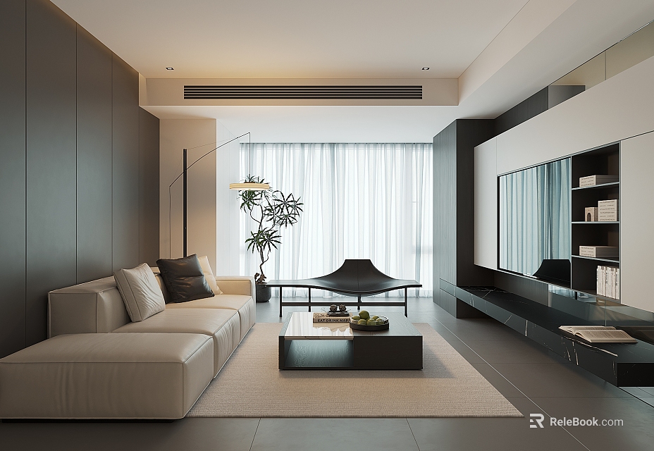 Modern Living Room Interior Featuring Beige Sofa Black Coffee Table and Floor to Ceiling Window 3d model 