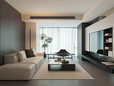 Modern Living Room Interior Featuring Beige Sofa Black Coffee Table and Floor to Ceiling Window 3d model