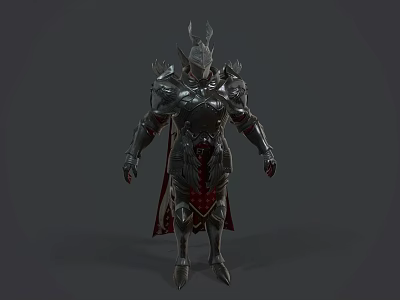 Game Movie Warrior Character in Intricate Metallic Armor with Red Accents Cloak and Horned Helmet 3d model