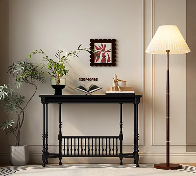 Elegant Entryway Console Table With Potted Plant Open Book Decor Floor Lamp And Wall Art 3d model