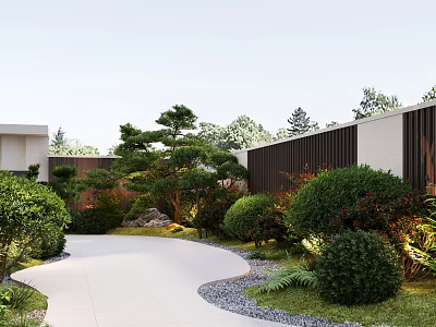 Serene Garden Landscape With Winding Path Green Bushes And Tall Pine Trees 3d model