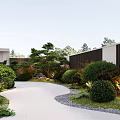 Serene Garden Landscape With Winding Path Green Bushes And Tall Pine Trees