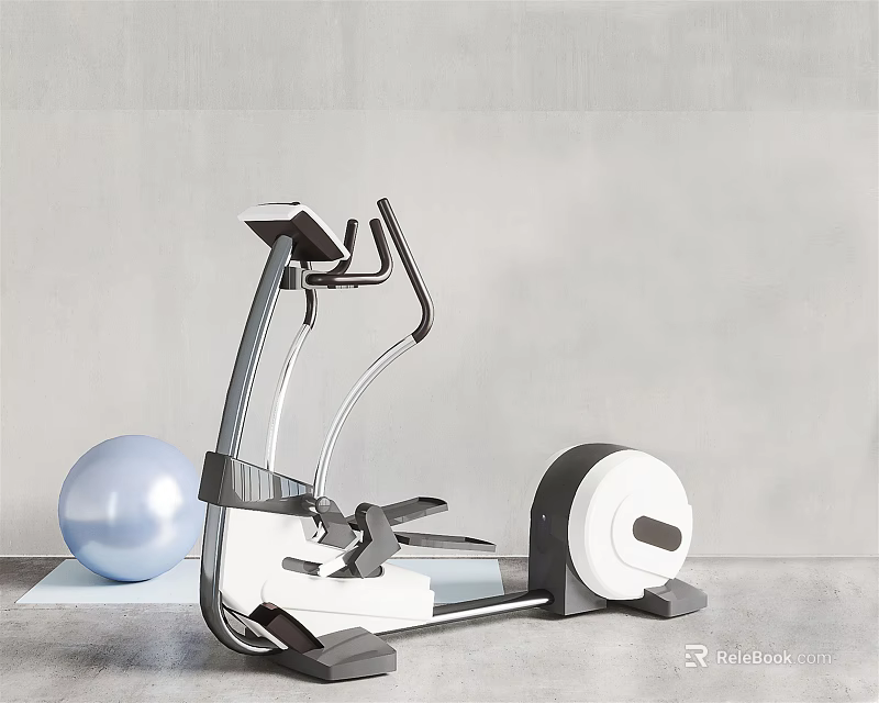 Elliptical Exercise Machine And Blue Fitness Ball In Minimalist Indoor Gym Setting 3d model 