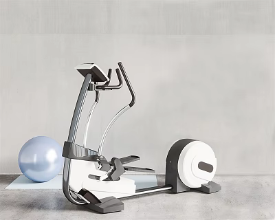 Elliptical Exercise Machine And Blue Fitness Ball In Minimalist Indoor Gym Setting 3d model