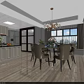 Elegant Modern Dining Room Interior With Chandelier Dining Table Chairs Large Windows And Cabinets