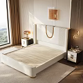 Modern Bedroom Interior With White Geometric Headboard Floor-to-Ceiling Window Wooden Wall Nightstand And Table Lamp