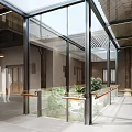 Spacious Traditional Chinese Elevator Hallway with Wooden Ceiling Lantern Lights Glass Doors and Green Plants