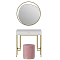 Stylish Modern Dressing Table With Round Gold Frame Mirror And Pink Velvet Stool