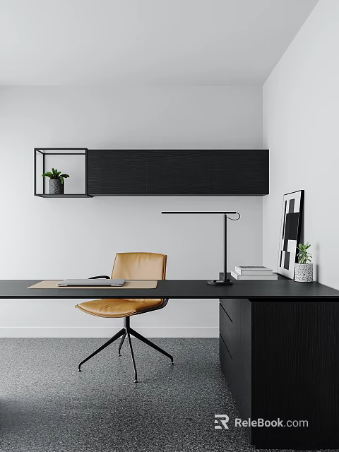 Modern Study Space With Black Desk Tan Chair And Cabinets 3d model