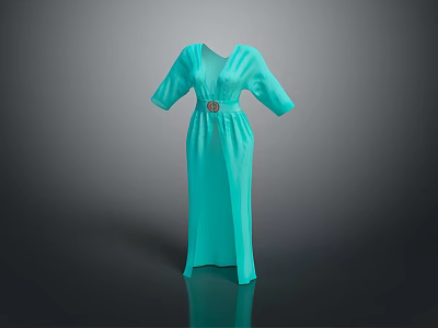 Elegant Turquoise Long Dress With V Neck Three Quarter Sleeves And Belted Waist 3d model