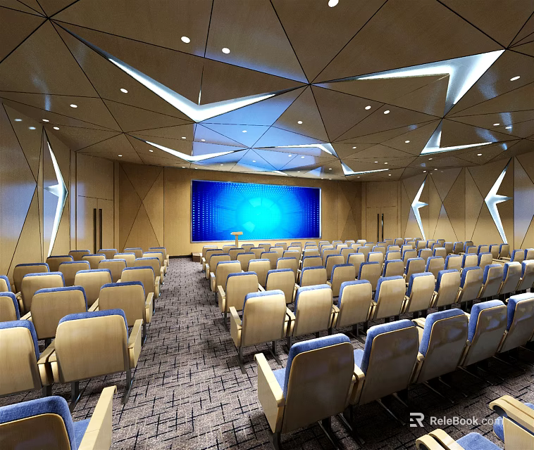 Modern Conference Room with Arranged Seats Blue Large Screen and Geometric Ceiling Design 3d model 