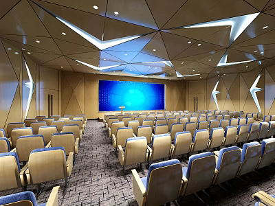 Modern Conference Room with Arranged Seats Blue Large Screen and Geometric Ceiling Design 3d model