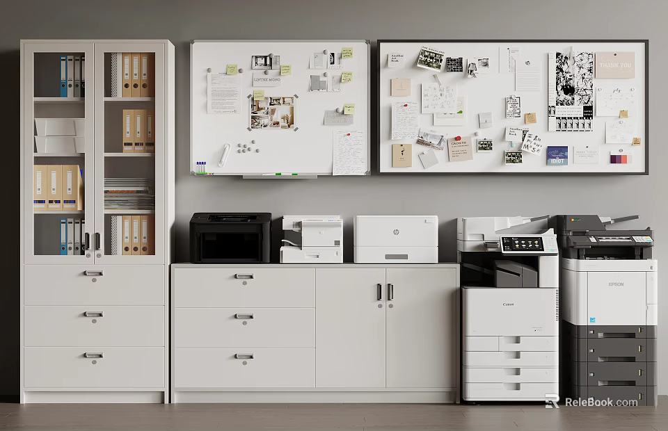 Organized Office Workspace With White Filing Cabinets Shelves Folders Whiteboards And Printers 3d model 