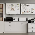 Organized Office Workspace With White Filing Cabinets Shelves Folders Whiteboards And Printers