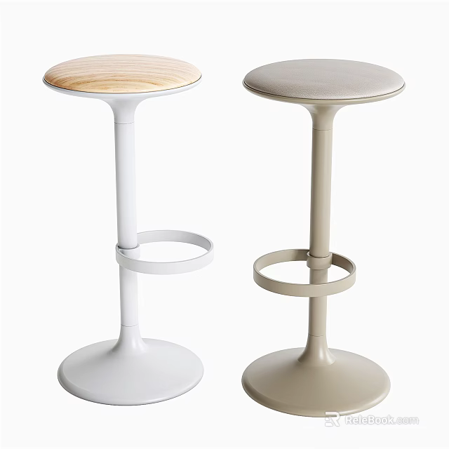 Two Modern Bar Stools White And Beige With Wooden Round Tops Round Base Footrest Ring 3d model 