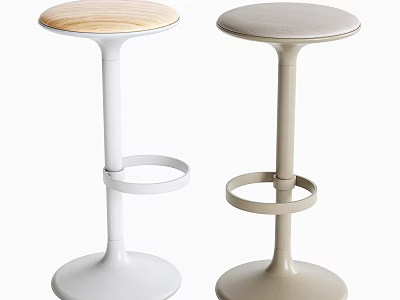 Two Modern Bar Stools White And Beige With Wooden Round Tops Round Base Footrest Ring 3d model
