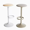 Two Modern Bar Stools White And Beige With Wooden Round Tops Round Base Footrest Ring