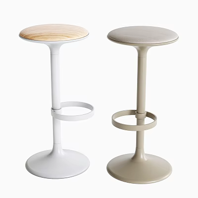 Two Modern Bar Stools White And Beige With Wooden Round Tops Round Base Footrest Ring 3d model
