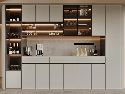 Modern Style Kitchen Sideboard with Glass Doors LED Lighting Wine Bottles and Coffee Machine 3d model