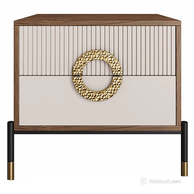 Modern Bedside Table With Vertical Striped Panel And Gold Circular Ornament 3d model 
