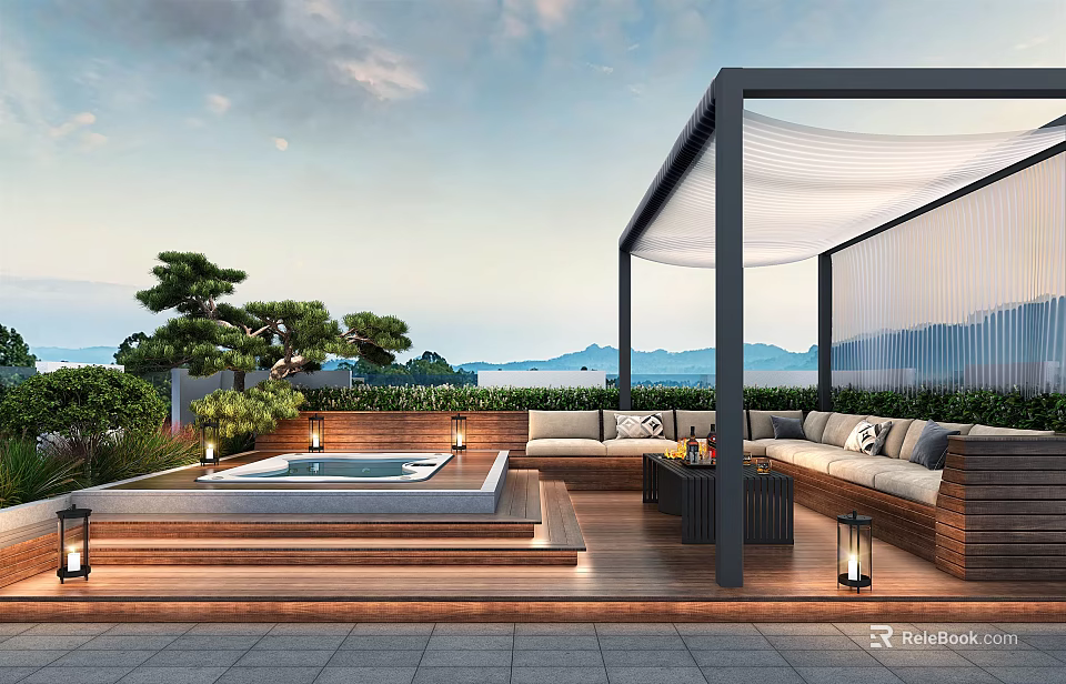 Elegant Villa Balcony Featuring Wooden Deck Pergola Outdoor Sofa Jacuzzi Plants Lanterns And Sea View 3d model 