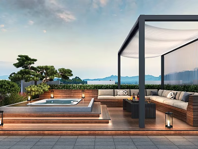 Elegant Villa Balcony Featuring Wooden Deck Pergola Outdoor Sofa Jacuzzi Plants Lanterns And Sea View 3d model