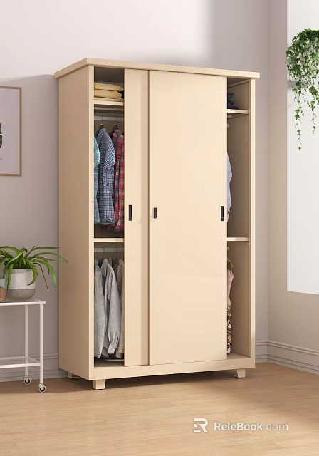 Modern Light Colored Wardrobe with Double Doors and Hanging Clothes Storage 3d model 