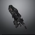 Sci Fi Tactical Figure Wearing Black Suit And Helmet Running In Gray Background