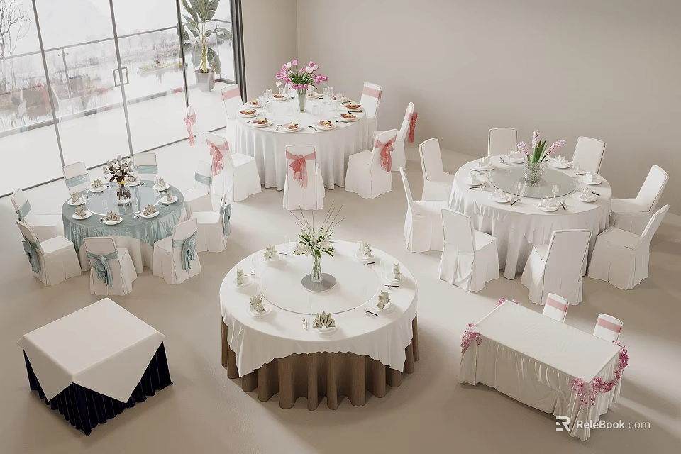 Multiple Round Dining Table Set with White Tablecloths Floral Centerpieces and Pink Ribbon Chair Covers 3d model 