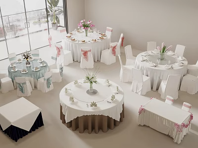 Multiple Round Dining Table Set with White Tablecloths Floral Centerpieces and Pink Ribbon Chair Covers 3d model