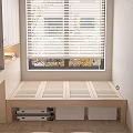 Modern Wooden Double Bed with Slatted Platform Storage Cabinets and Window View