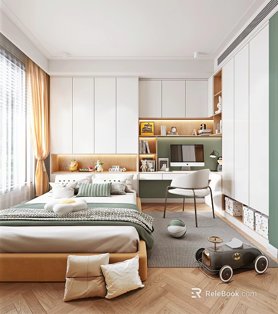 Modern Tatami Bedroom Interior Design With White Cabinets Green Desk Chair And Curtains 3d model 