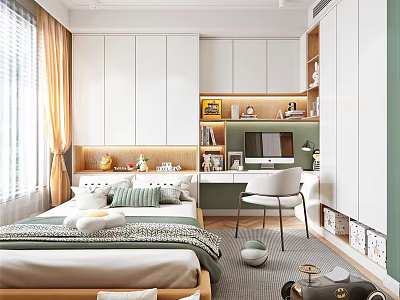 Modern Tatami Bedroom Interior Design With White Cabinets Green Desk Chair And Curtains 3d model