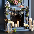 Holiday Christmas Decorative Ornament Set With Fireplace Wreath Star Decorations Candles Lantern And Deer Figurine