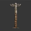 Traditional Wooden Totem Pole With Carved Eyes Feathers And Cultural Patterns