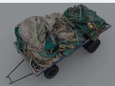 Blue Wheelbarrow Loaded With Tattered Fishing Nets And Yellow Floats 3d model