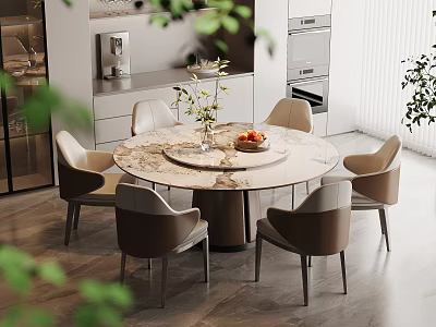 Modern Marble Round Dining Table Set with Six Neutral Tones Chairs and Floral Vase 3d model