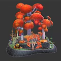Colorful Cartoon Scene With Red Umbrella Shaped Trees Purple Trunks And Green Grass