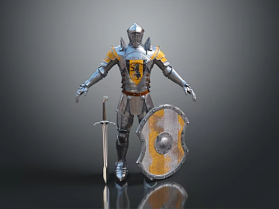 Silver Knight Armor Decorative Set With Shield Sword And Yellow Accents 3d model
