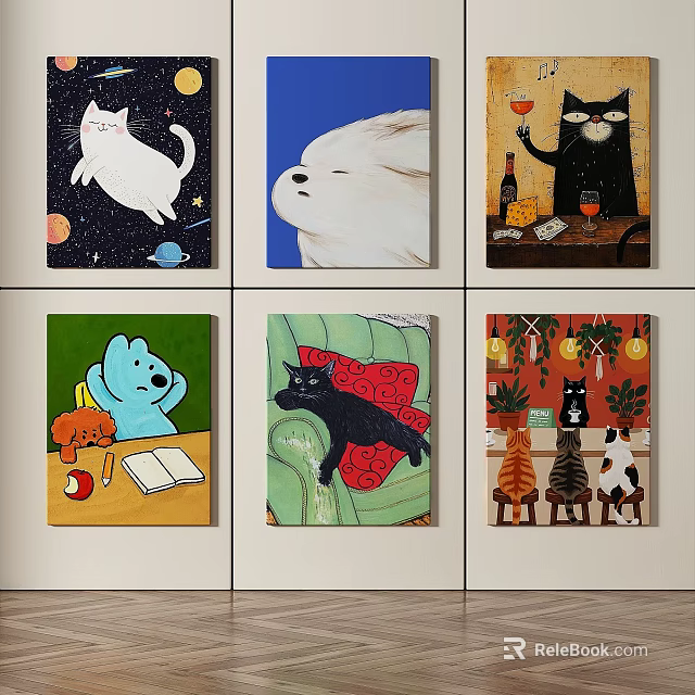 Colorful Abstract Paintings Featuring Playful Cat Characters in Various Scenes 3d model 