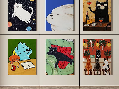 Colorful Abstract Paintings Featuring Playful Cat Characters in Various Scenes 3d model