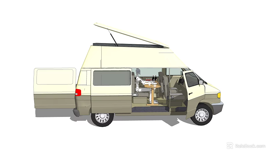 Camper Van With Pop-up Roof Open Doors And Interior Dining Table Seats 3d model 