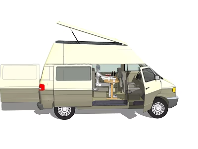 Camper Van With Pop-up Roof Open Doors And Interior Dining Table Seats 3d model